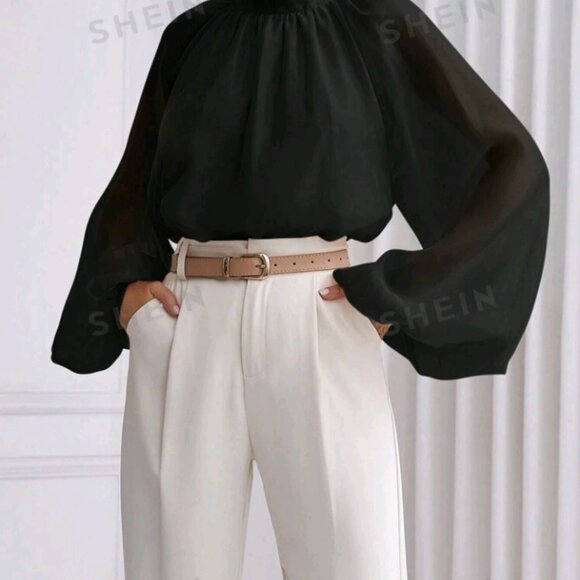 SHEIN Prive` Women's Stand Collar Raglan Lantern Sleeve Shirt - Picture 4 of 7